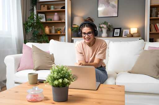 online terapi seansına kulaklık takarak giren bir kadın danışan